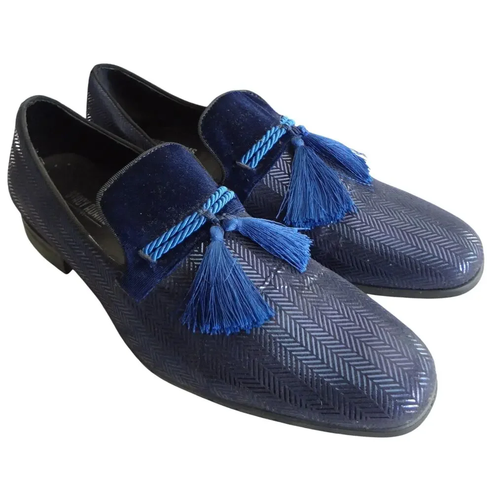 Stacy Adams Sonata Navy Blue Loafers Tassel Dress Shoes Chevron Mens 9